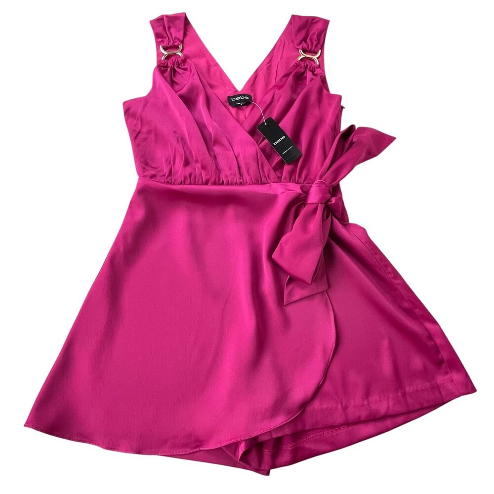 Bebe Pink Satin Wrap Romper Wrap Dress Surplice Neck Vintage Y2K Women's 4 NWT